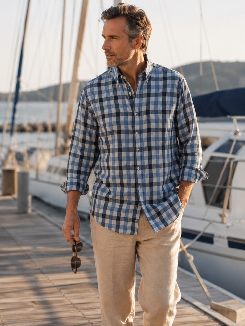 Giannetto Portofino XXL Linen Cotton Gingham Button Down Shirt Blue Italy